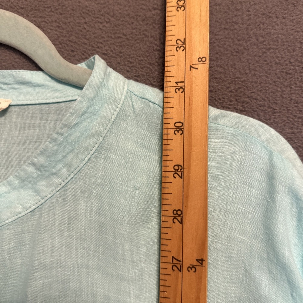 Eileen Fisher Organic Linen Button Tunic Top Band Collar Large Aqua Blue Resort - Picture 6 of 7